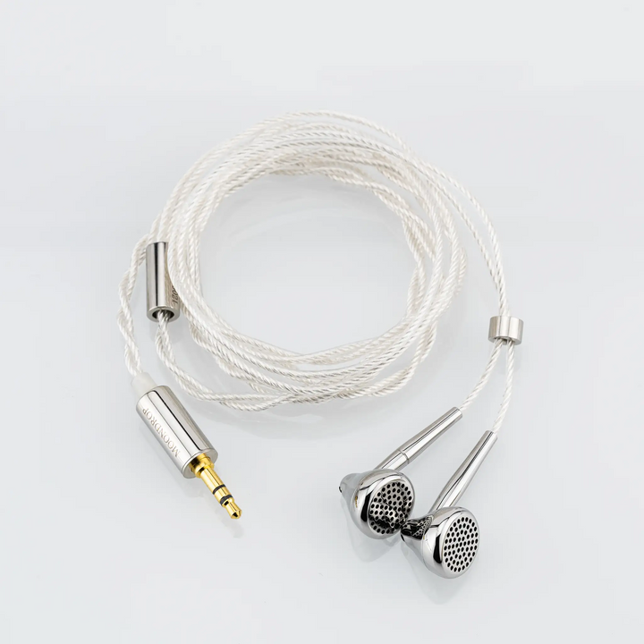 Moondrop Pavane IEMs coiled with cable Birdseye view whitebox