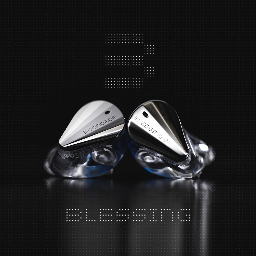 Moondrop Blessing 3 front quarter closeup over dark halftone background