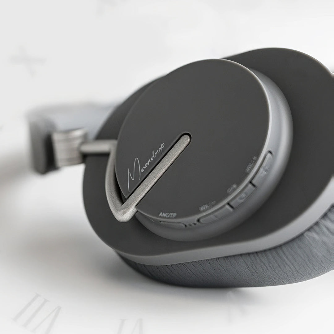 Moondrop Edge headphone black closeup earcup, buttons and logo