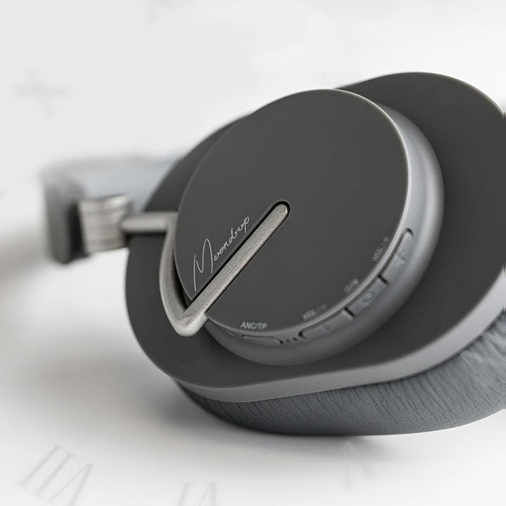 Moondrop Edge headphone black closeup earcup, buttons and logo
