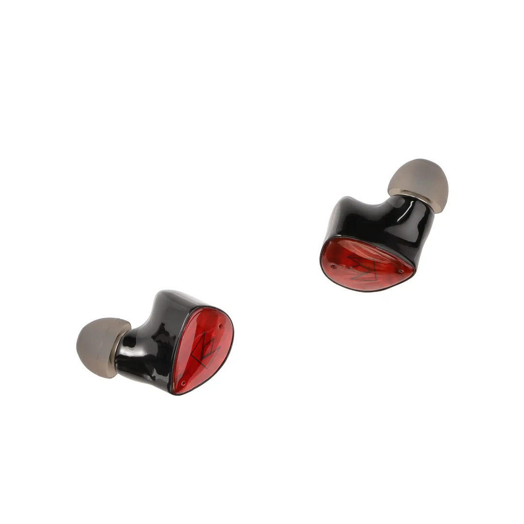 Noble Audio FoKus Amadeus TWS earphones floating diagonally with ear tips whitebox