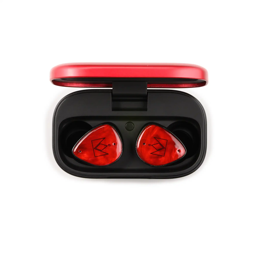 Noble Audio FoKus Amadeus TWS earphones sitting in open charging case birdseye view whitebox