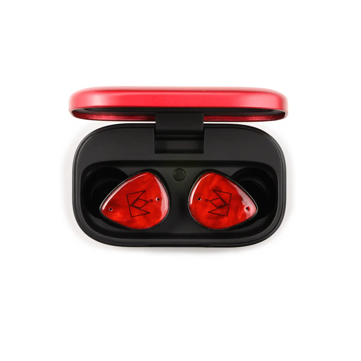 Noble Audio FoKus Amadeus TWS earphones sitting in open charging case birdseye view whitebox