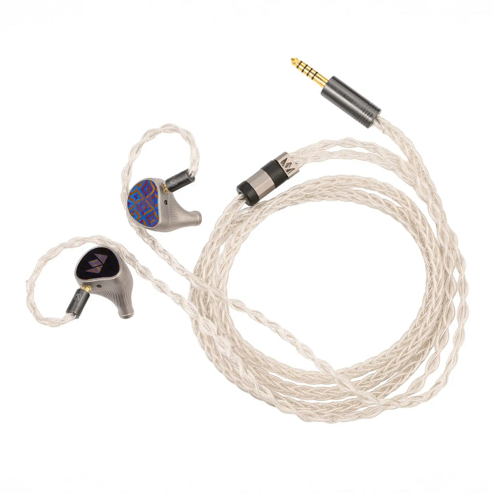 Noble Audio Kronos IEMs floating with cable attached and coiled whitebox