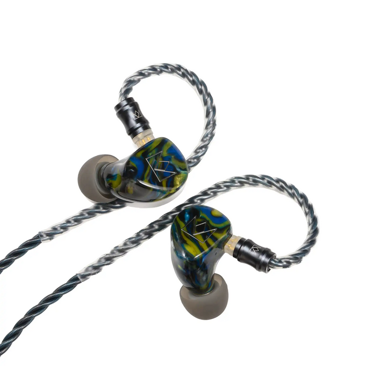 Noble Audio Van Gogh IEMs floating with cable and eartips attached rotated right 90 degrees whitebox