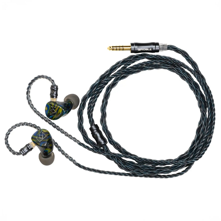 Noble Audio Van Gogh IEMs attached to cable coiled in circle birdseye view whitebox