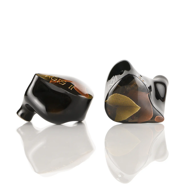 Noble Audio AGIS II earphones left profile and right front whitebox