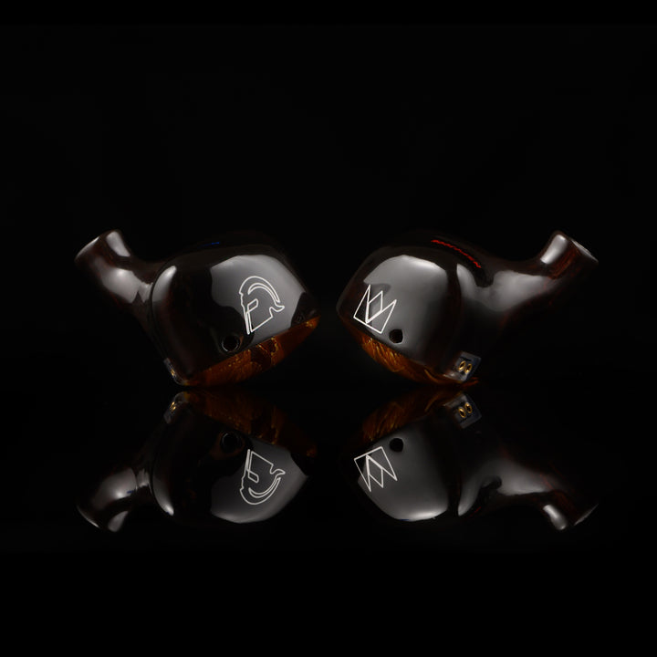 Noble Audio Spartacus IEM rear 3 quarter over black reflective background