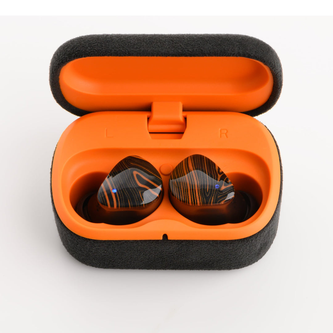 Noble Audio FoKus Triumph case with open cover and inserted earphones closeup over white background