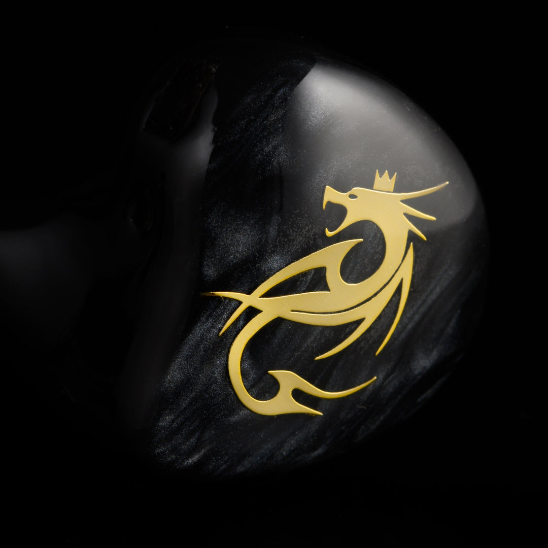 Noble Kublai Khan front faceplate left earphone closeup over black background