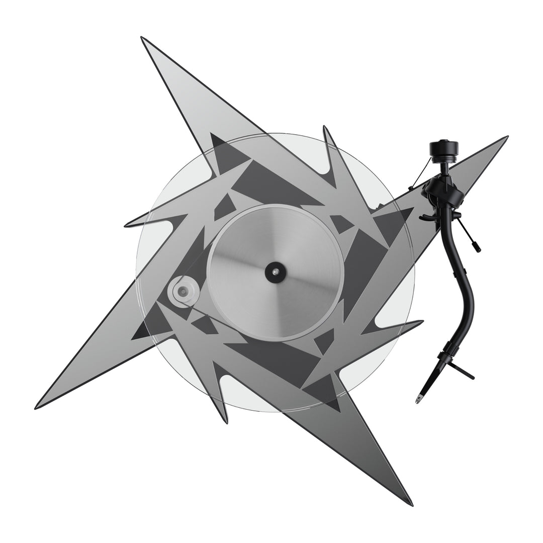 Pro-Ject Metallica turntable bird's eye with glass platter over white background