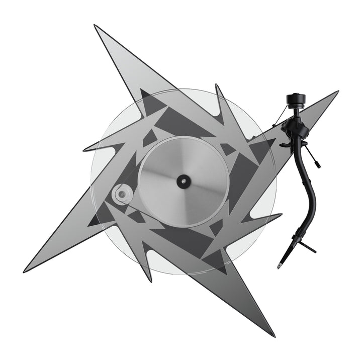 Pro-Ject Metallica turntable bird's eye with glass platter over white background