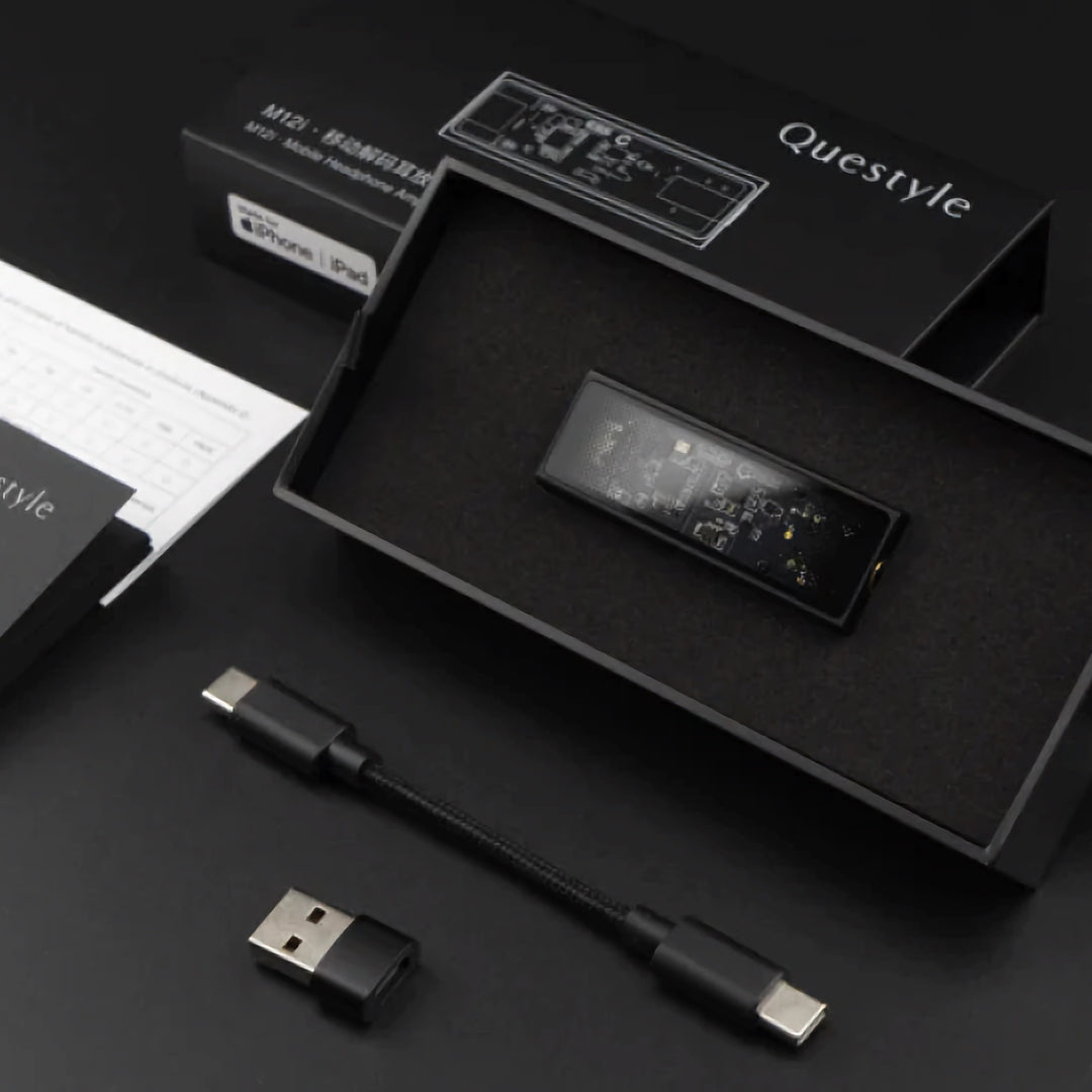 Questyle M12i in open retail box with all accessories