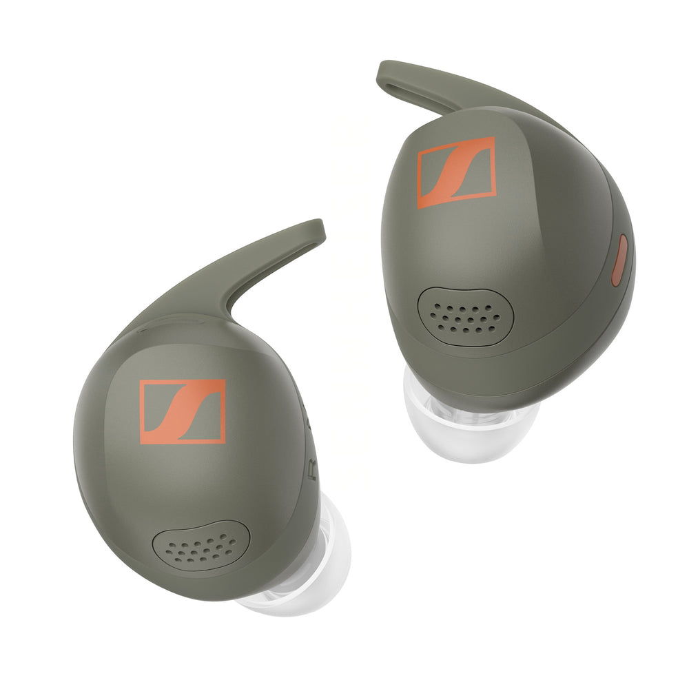 Sennheiser MOMENTUM Sport olive front extreme closeup over white background