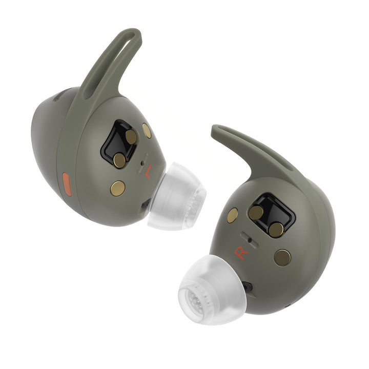 Sennheiser MOMENTUM Sport olive rear extreme closeup over white background