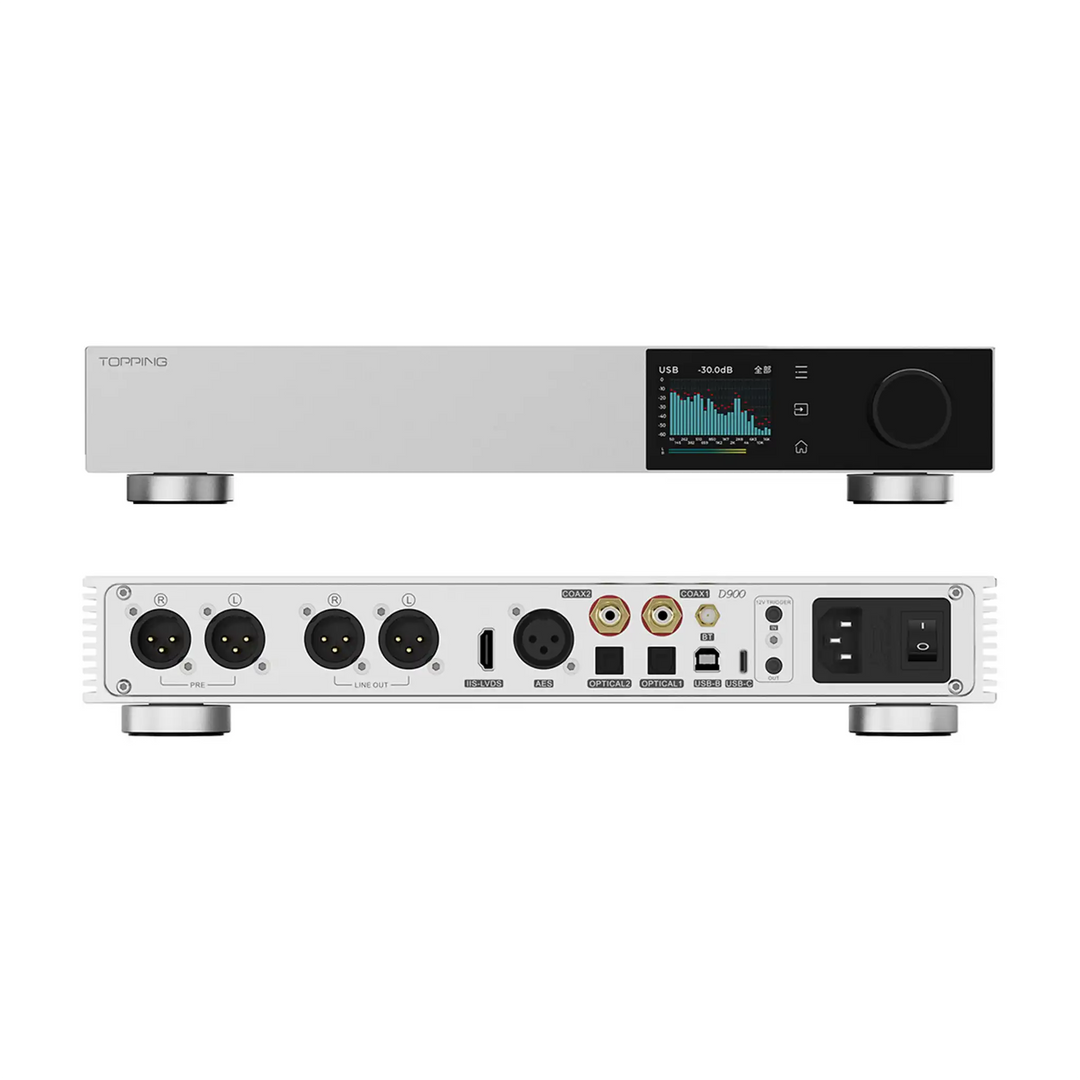 Topping D900 DAC front and rear view stacked whitebox