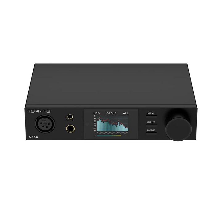 Topping DX5 II dac and amp in black sitting front top down angle whitebox