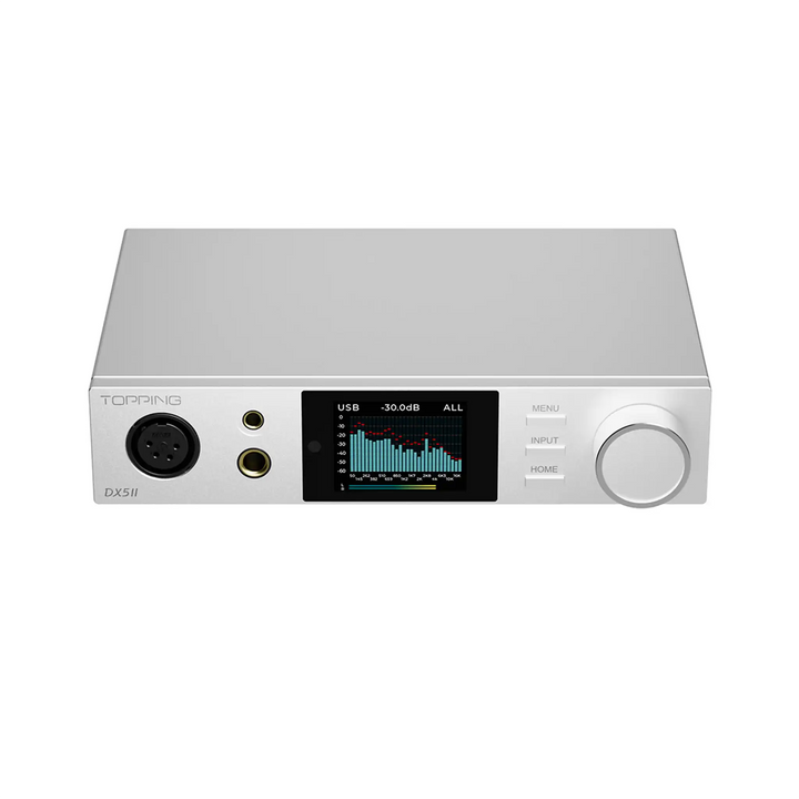 Topping DX5 II dac and amp in silver sitting front top down angle whitebox