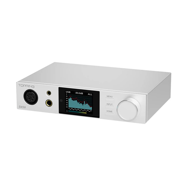 Topping DX5 II dac and amp in silver sitting front right 3 quarter angle whitebox