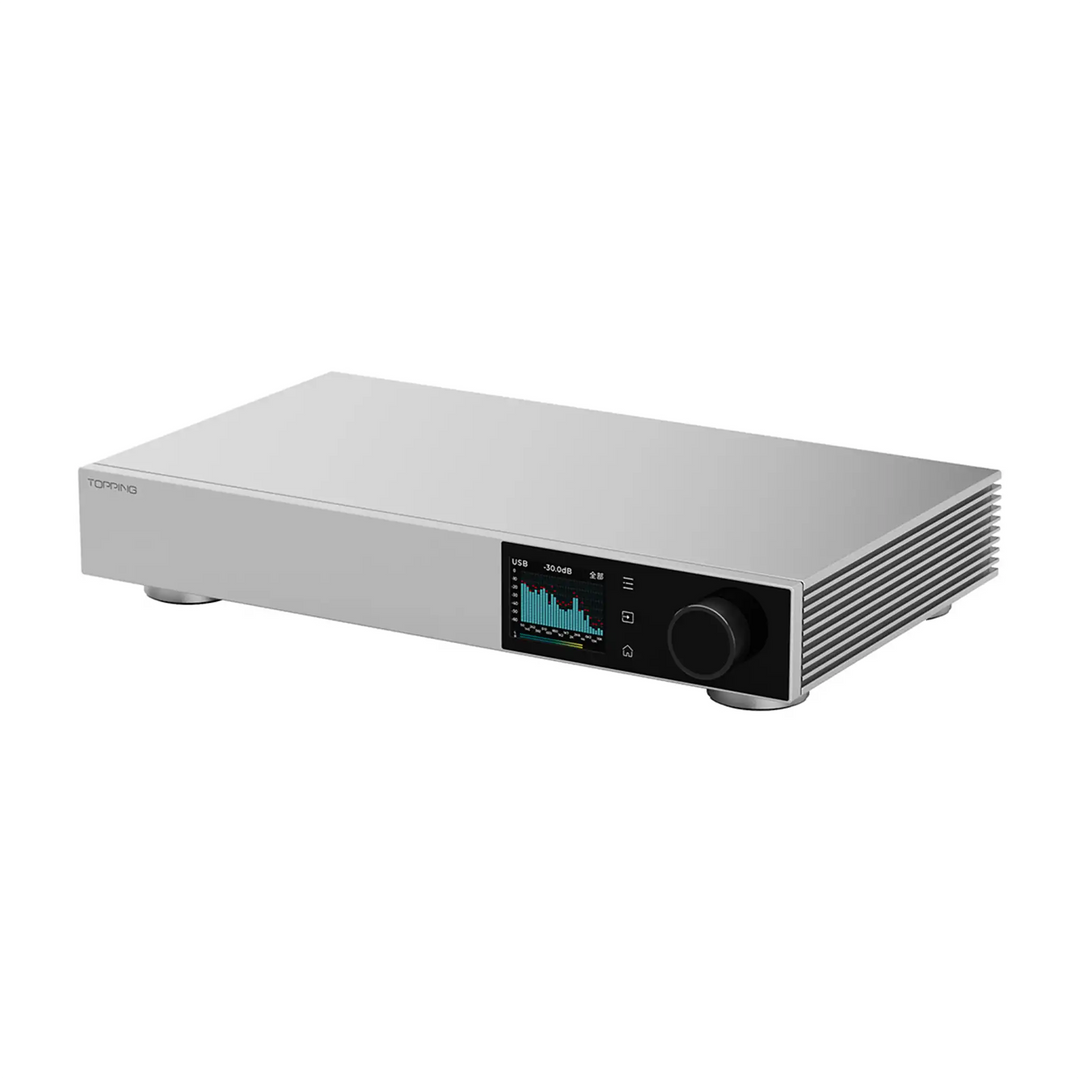 Topping D900 DAC sitting front right 3 quarter angle whitebox