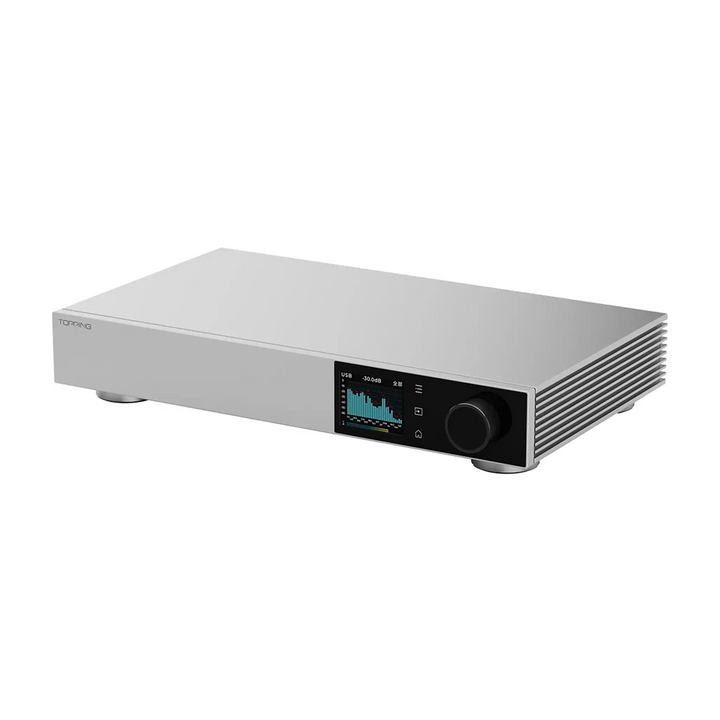 Topping D900 DAC sitting front right 3 quarter angle whitebox