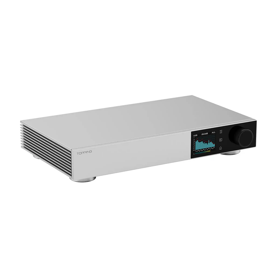 Topping D900 DAC sitting front left 3 quarter angle whitebox