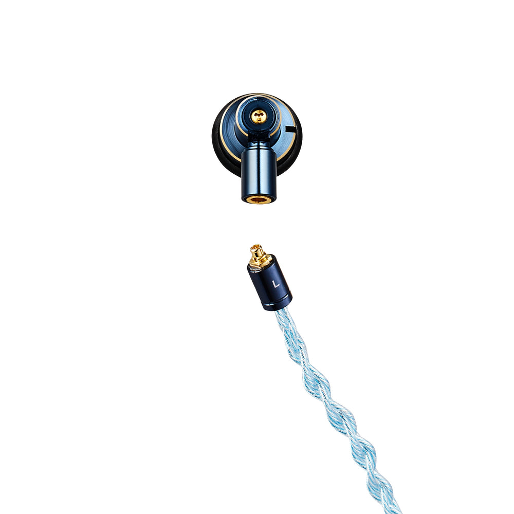 Ucotech ES-P2 closeup of earbud and detached stock cable highlighting connector over white background