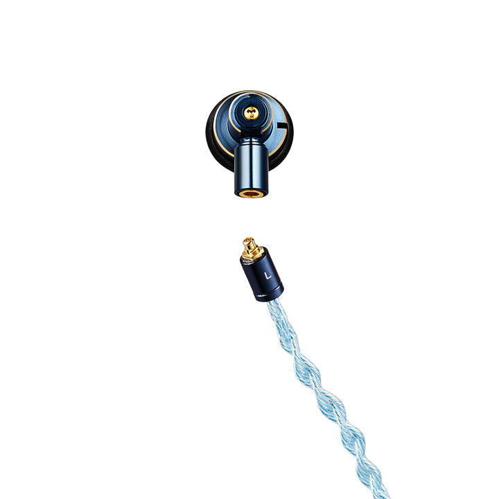 Ucotech ES-P2 closeup of earbud and detached stock cable highlighting connector over white background