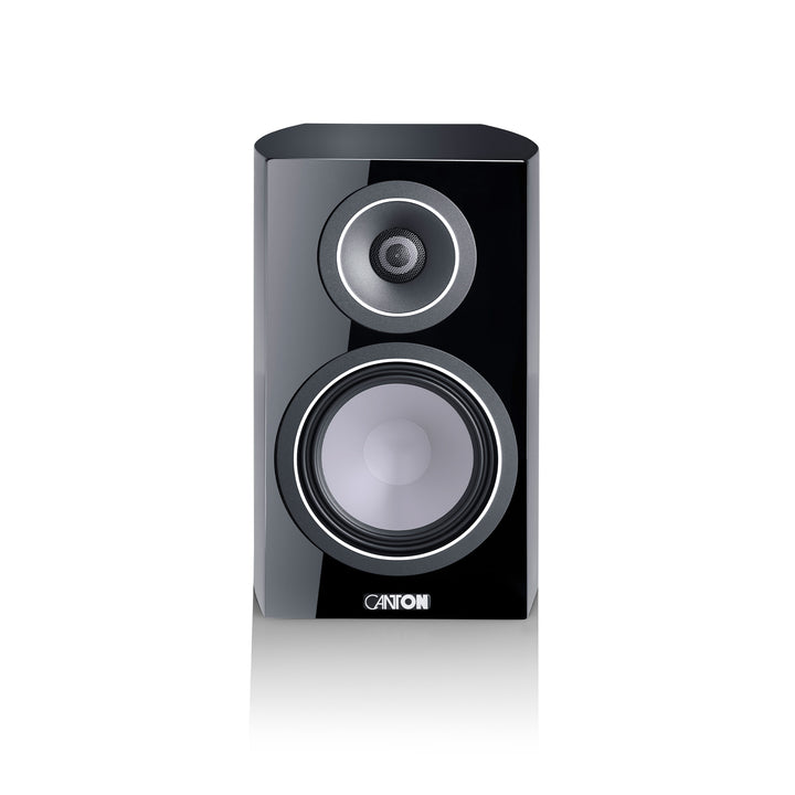 Canton Vento 20 bookshelf speaker black front over white background