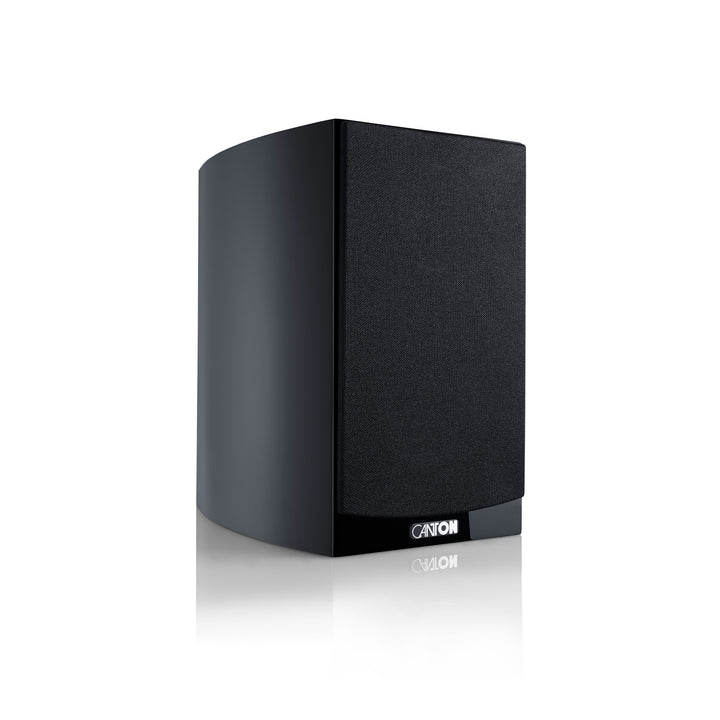 Canton Vento 20 bookshelf speaker black front 3 quarter with grille over white background