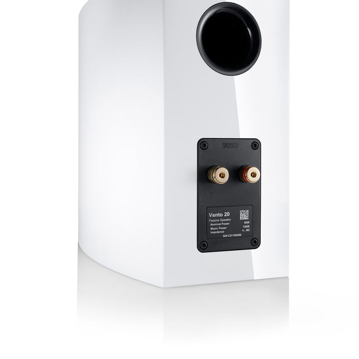 Canton Vento 20 bookshelf speaker white rear closeup speaker terminals over white background