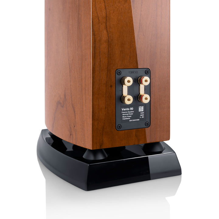 Canton Vento 80 natural walnut rear closeup speaker terminals over white background