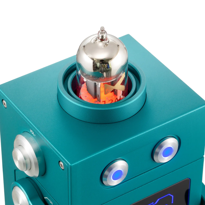 xDuoo DM-01 desktop DAC and tube amp top down angle tube closeup whitebox