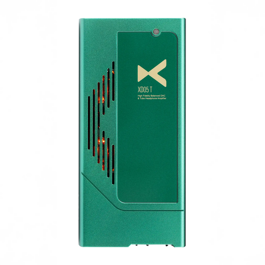 Xduoo XD05T top with active tube LEDs bird's eye whitebox
