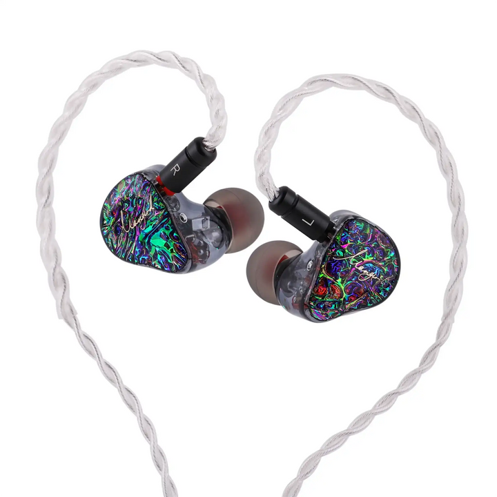 XENNS Mangird Top Pro IEMs floating diagonally with cable attached whitebox