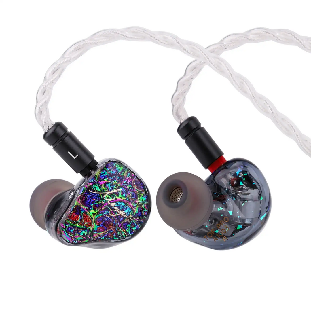 XENNS Mangird Top Pro IEMs front and back view with eartips and cable attached whitebox