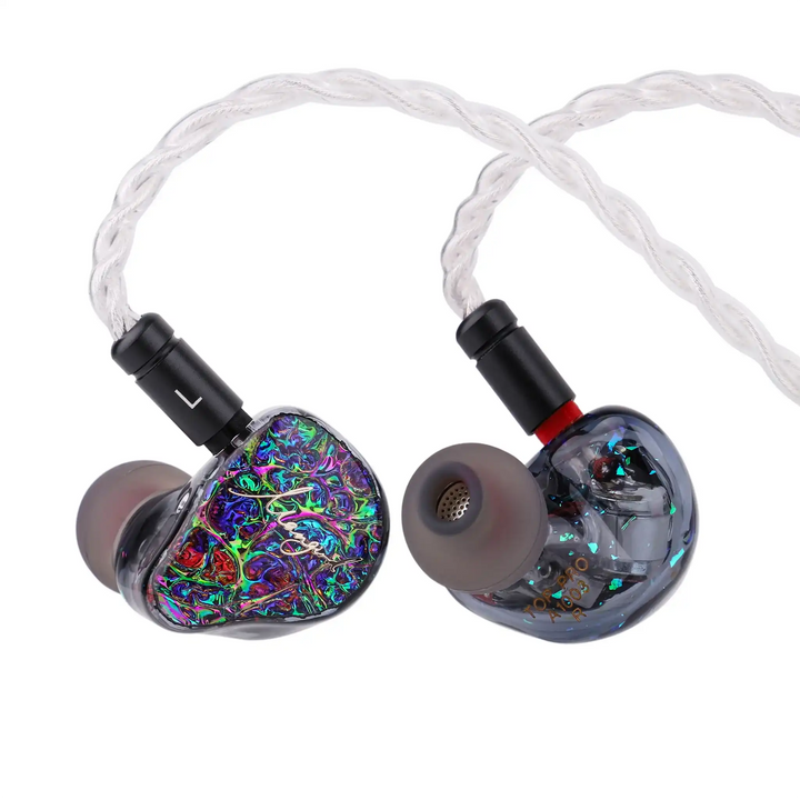 XENNS Mangird Top Pro IEMs front and back view with eartips and cable attached whitebox