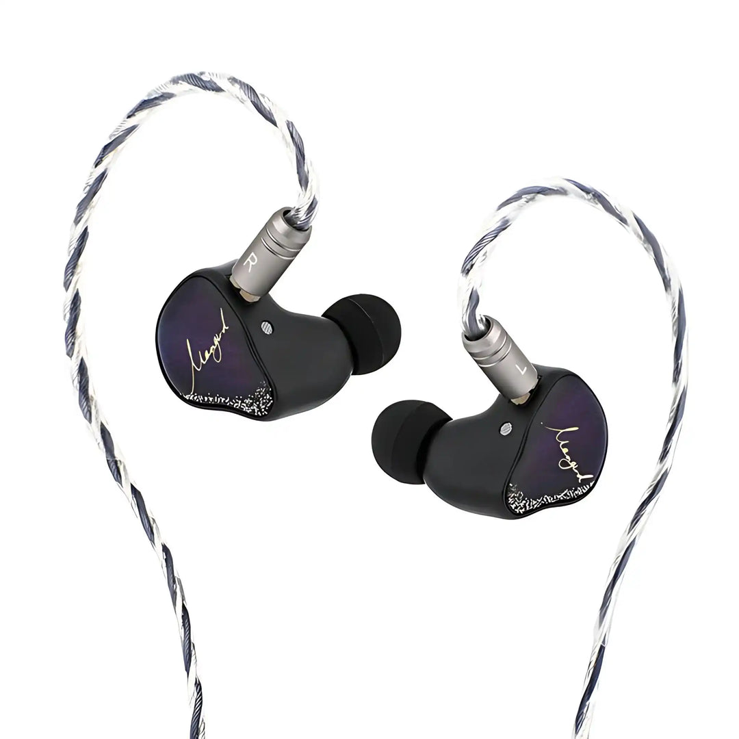 XENNS Mangird Tea Pro IEMs floating diagonally with cable attached and eartips whitebox
