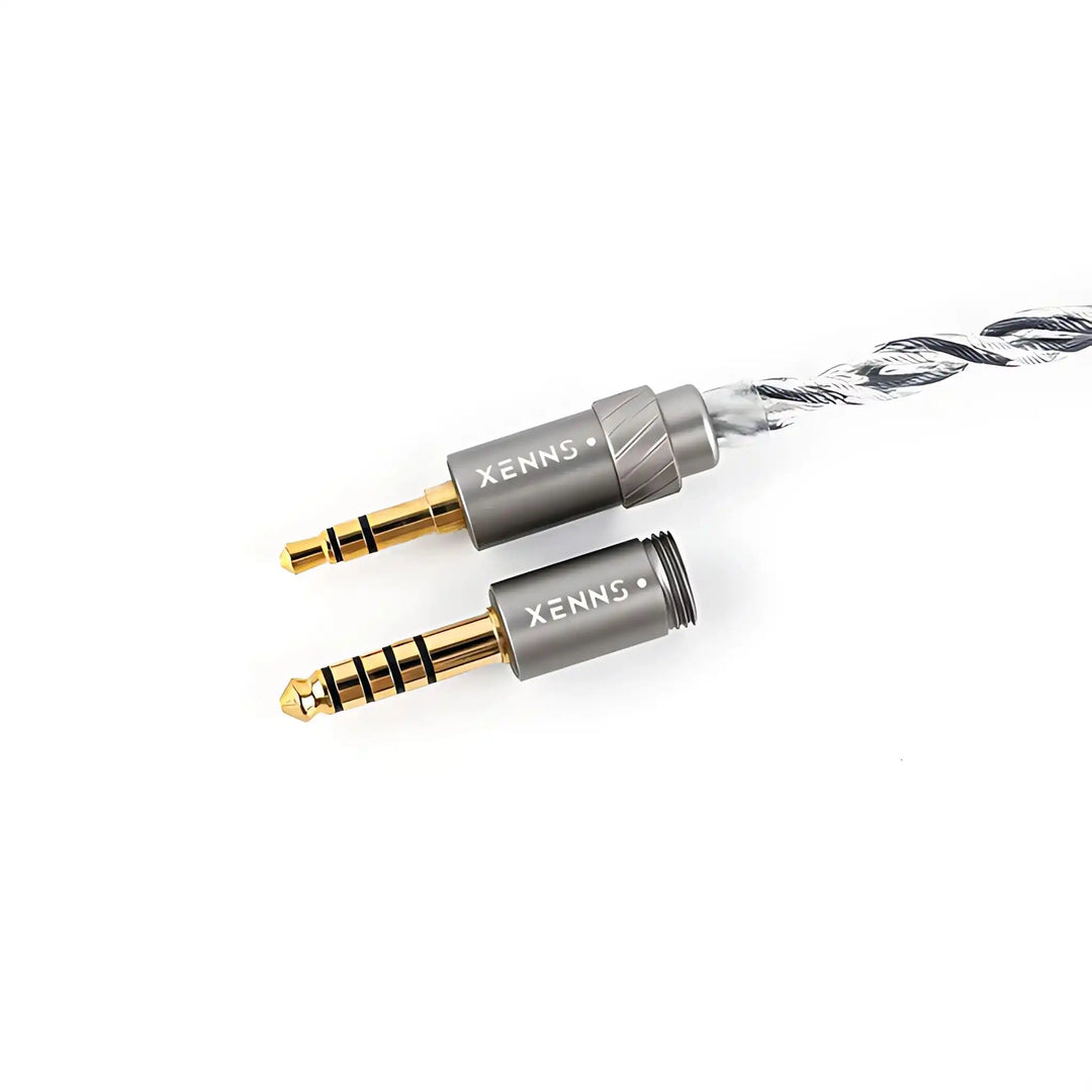 XENNS Mangird Tea Pro IEMs interchangeable connector with 4.4mm and 3.5mm terminations closeup whitebox