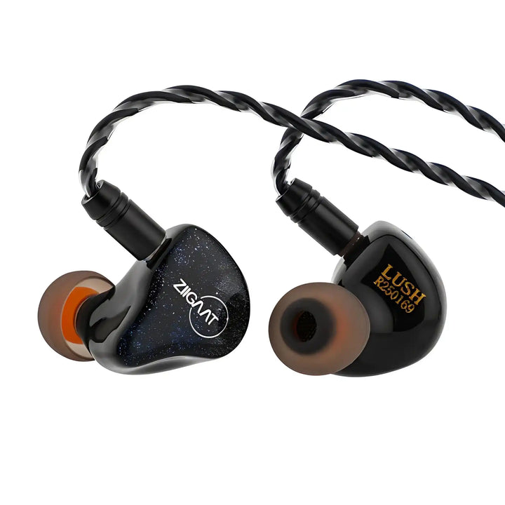 ZiiGaat Lush IEMs in blue front and back view with cable attached whitebox