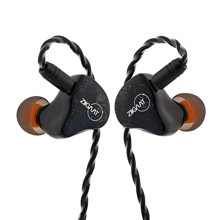 ZiiGaat Lush IEMs in blue front facing inward with cable attached