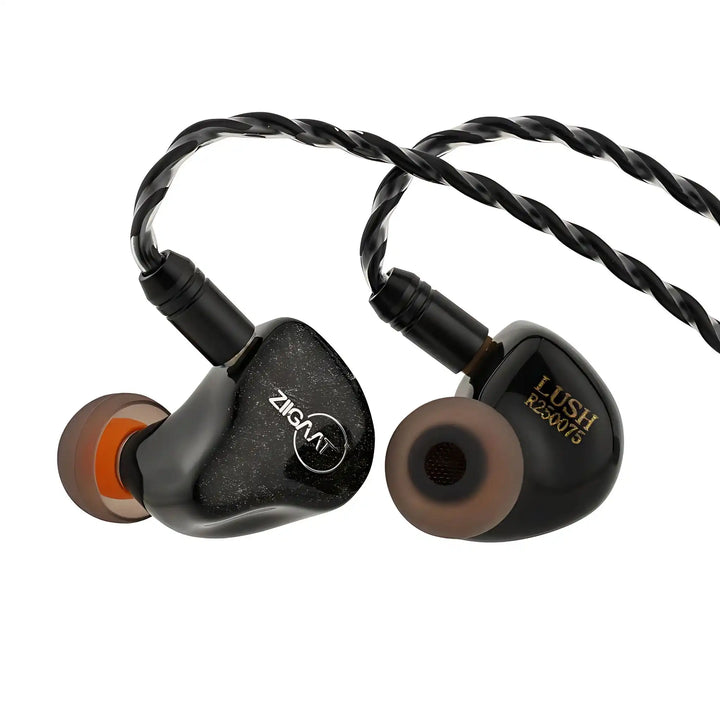 ZiiGaat Lush IEMs front and back view with cable attached whitebox