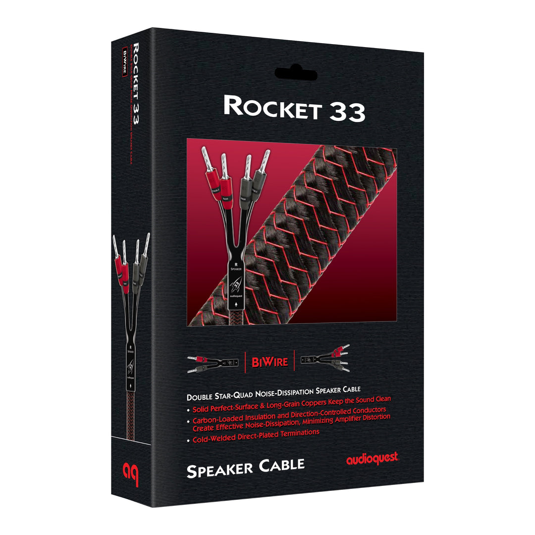AudioQuest Rocket 33 bi-wire retail package over white background