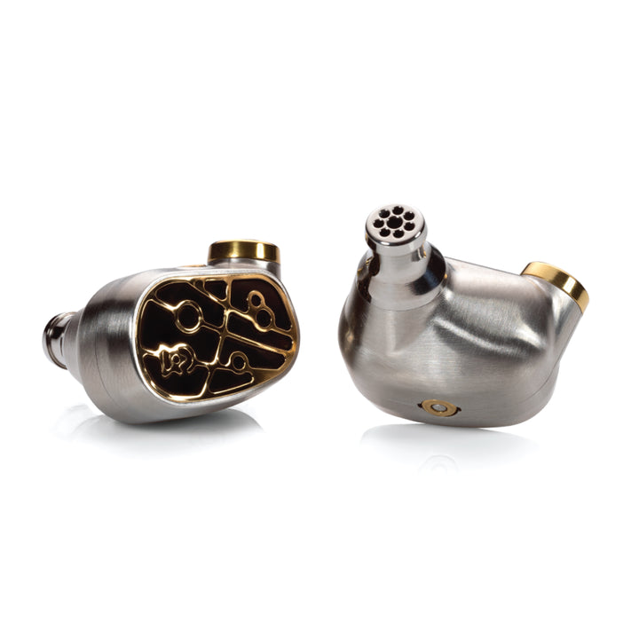 Campfire Audio Solaris 2023 highlighting gold trim and grille over white background