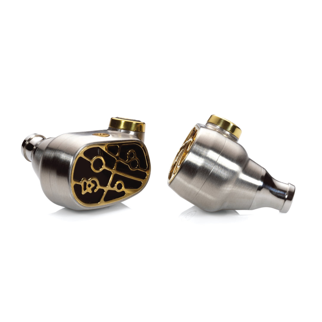 Campfire Audio Solaris 2023 highlighting gold trim over white background