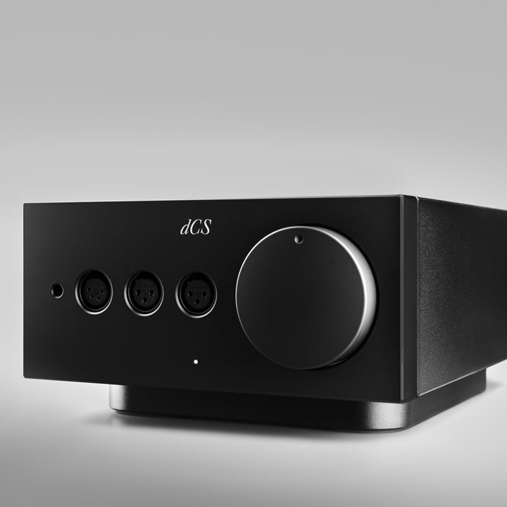 dCS Lina headphone amp black front right quarter over gray background