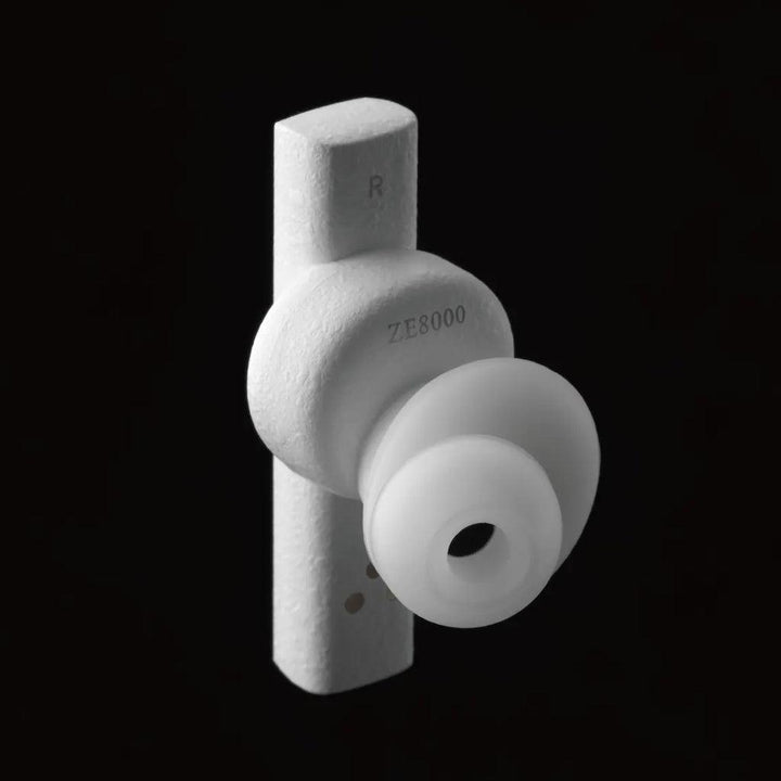 Final Audio ZE8000 white earphones 3 quarter rear over black background