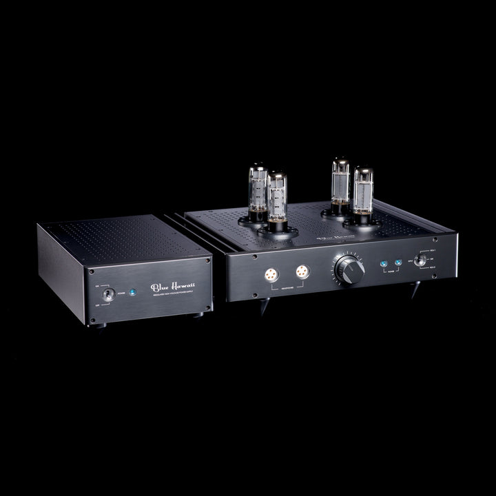HeadAmp Blue Hawaii SE satin black with power supply 3 quarter left over black background