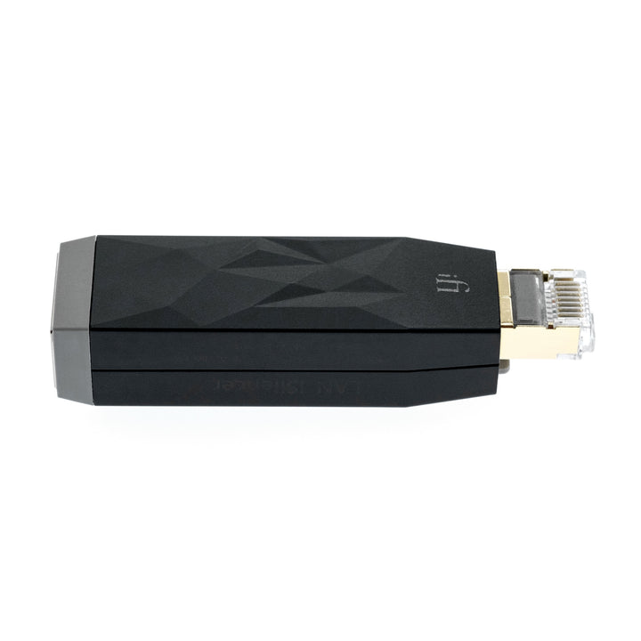 iFi LAN Silencer profile quarter over white background