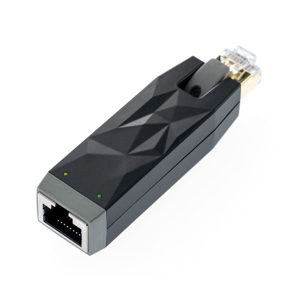 iFi LAN Silencer top quarter highlighting female RJ45 over white background